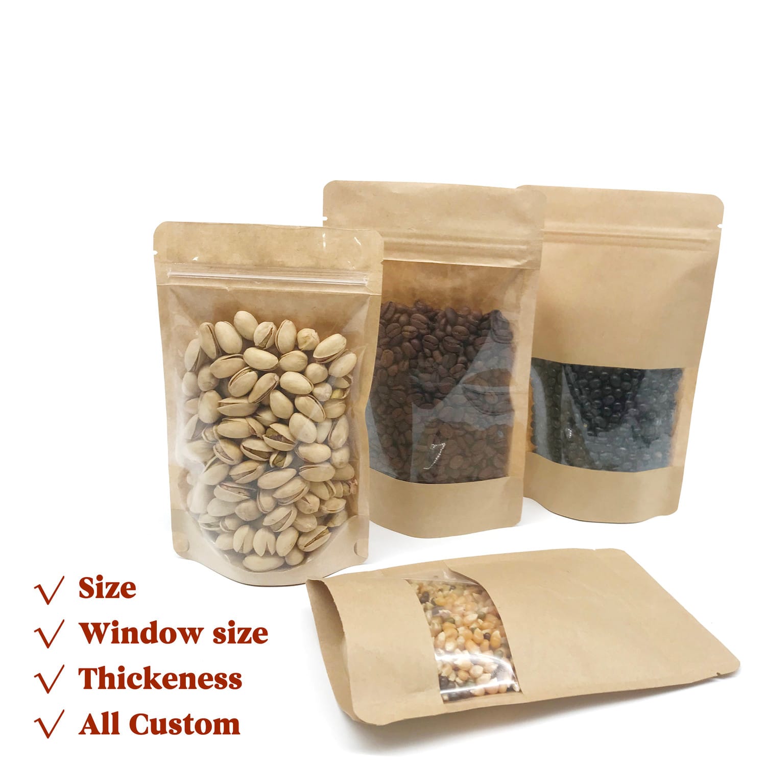 Kraft Paper Bag Biodegradable Bolsas Sac Doypack Stand Up Pouch With Window Zipper Resellables Kraft Paper Bag
